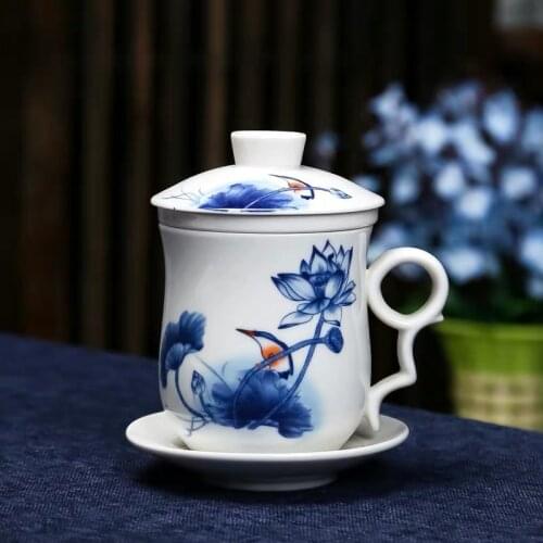 Creative Blue and White Porcelain Office Tea Cup with Lid and Filter Hand-painted Ceramic Water Drinking Cup Household Drinkware