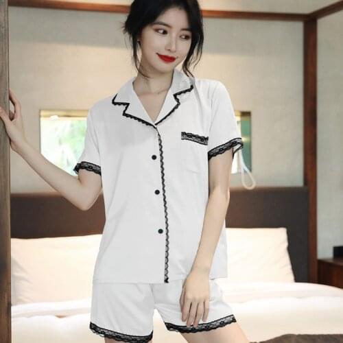 Lace Sweertheart Satin Loungewear Pyjama Summer Women Pajamas Set Short Sleeve Sleep Suit Sleepwear Pour Femme Home Wear