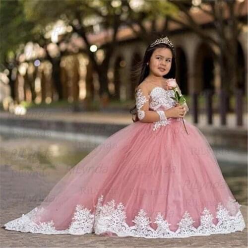 Lace Ball Gown Flower Girl Dresses Long Sleeve Satin Bow Girl Princess Dress Illusion Girl Wedding Party Dress