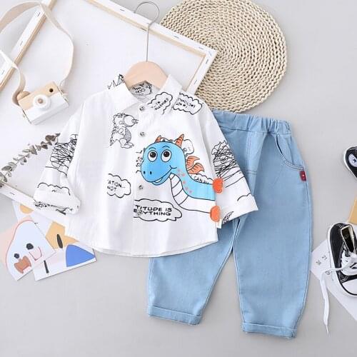 Baby Boys Girls Fashion Sets Kids Cartoon Dinosaurs Long-sleeved Shirt+ Light-colored Jeans 2 Piece Sets Children Clothing Set