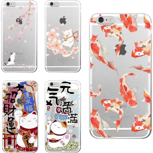 For iPhone 11 Pro Max 12 XS 7Plus 7 SE 8 8Plus X Koi Fish Cherry Blossom Lucky Cat Japanese Pattern Soft Phone Case
