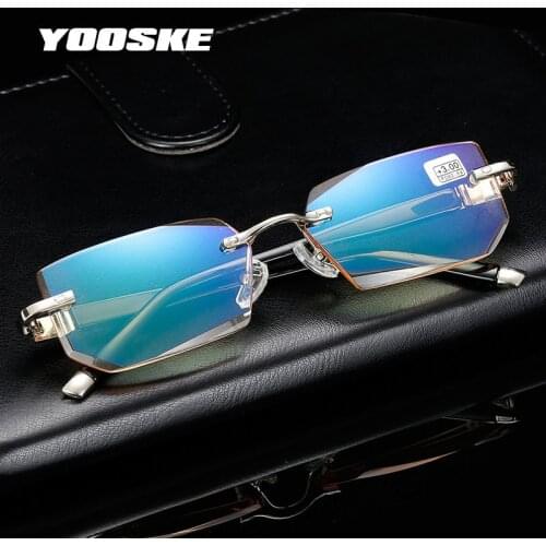 YOOSKE Anti Blue Light Reading Glasses Women Diamond Cutting Rimeles Eyeglasses Men Anti fatigue Hyperopia Presbyopic Eyewear