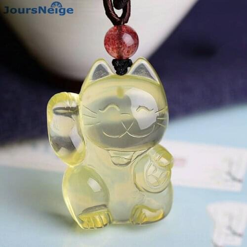 Wholesale Yellow Natural Crystal Pendants Hand Carved Lucky Cat Pendant Sweater Chain Necklace Lucky for Women Men Gift Jewelry