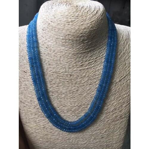 GENUINE TOP NATURAL 3 Rows 2X4mm FACETED Aquamarine Blue jade BEADS NECKLACE 17-18"