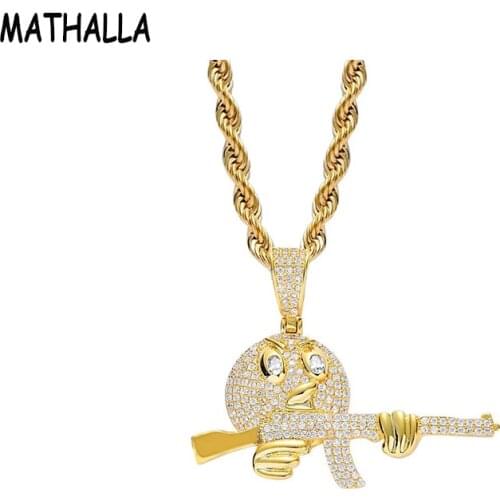 MATHALLA Cartoon Round Face With Gun Necklace & Pendant Chain Charm Gold Silver Cubic Zircon Hip hop Rock Jewelry For Gift