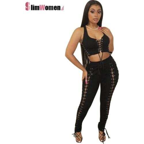 Sexy 2 Piece Tracksuit Outfits for Women Summer Clothes Y2k Lace Up Crop Top and Pants Sets Suit Bodycon Two Piece Matching Sets