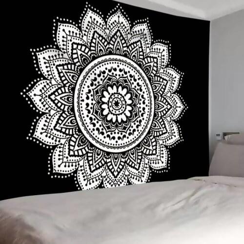 Silver Mandala Flower Black Bohemia Tapestry for Livingroom Photography Wall Decor