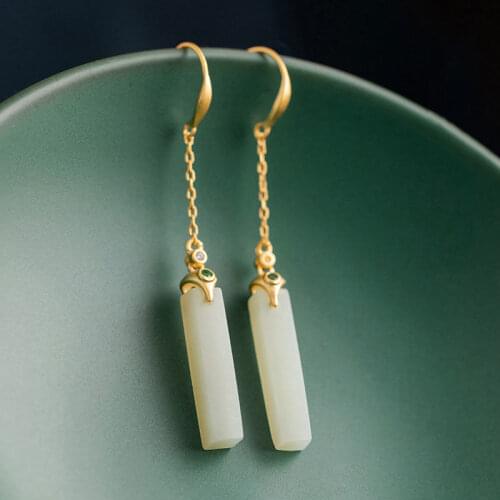 New Silver Natural Hetian Chalcedony Long Earrings Chinese Retro Palace Style Womens Anniversary Birthday Gift Brand Jewelry