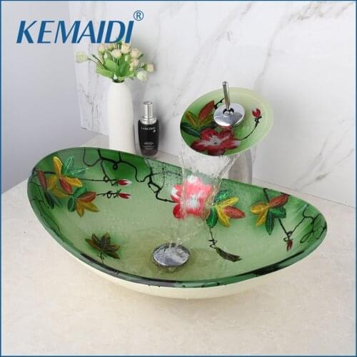 KEMAIDI Flower Hand Made Bathroom Basin Bowl Sink Faucet Chrome Waterfall Basin Tap Washbasin Glass Lavatory Sink Combine Set
