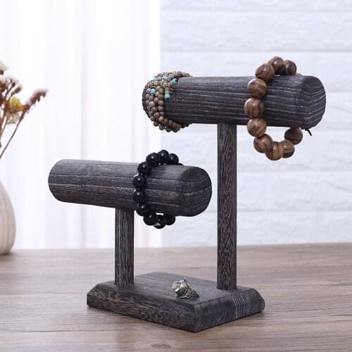 Distressed Vintage Bracelets Watches Head Rope Hair Tie Storage Rack, Light Wooden Jewelry Display for Exhibition