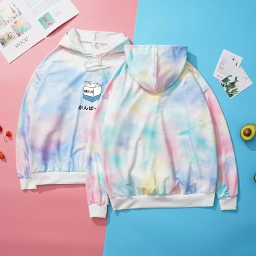 Tie Dye Women Hoodies Cartoon Print Harakuju Hooded Sweatshirt 2021 Summer Drawstring Plus Size Kawaii Pullover Couples Clothing