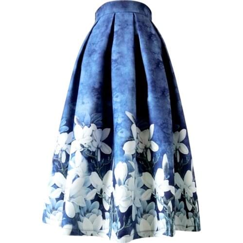 Spring autumn vintage printed ball gown skirt women high waist mid calf printed a-line skirt plus size