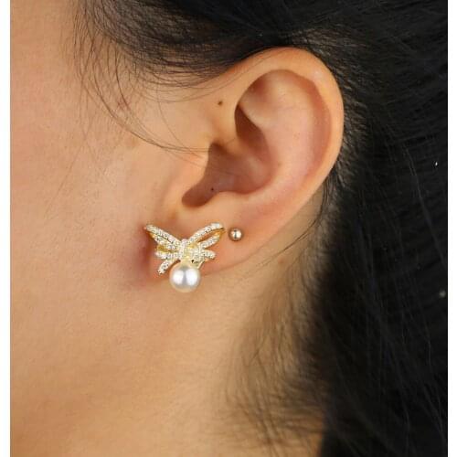 2021 gold filled women Engagement trendy bowknot earring with round fresh pearl ball bead round cz charm classic fashion jewelry