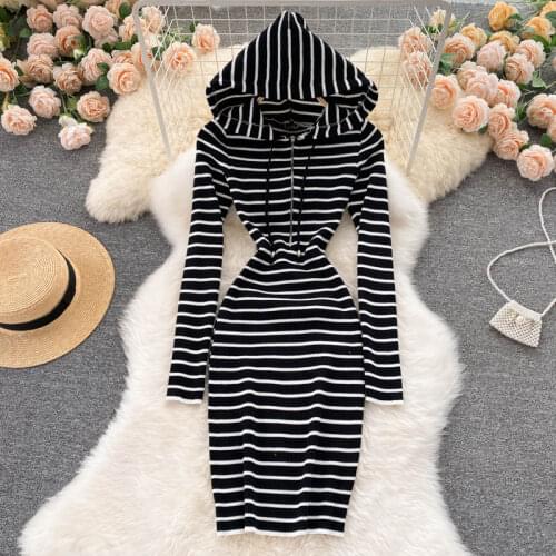 SINGREINY Retro Stripe Hooded Knitted Dress Women Korean Fashion Long Sleeve Slim Sheath Dresses Autumn Bodycon Sweater Dress