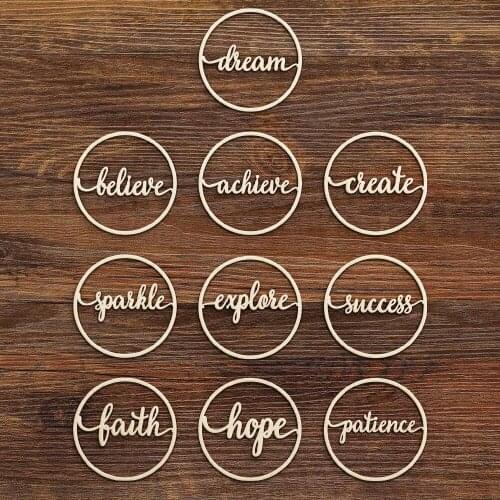 10pcs Wooden Dream Believe Achieve Create Explore Success Hope Patience Faith Word Sign Round Wood Circle Office Decoration