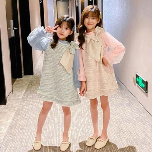 DFXD 2020 Fashion 2pc Childrens Clothes Set Solid Full Sleeve Tops Big Bow Vest Dress Outfits Girls Clothing Set 3-12T Spring