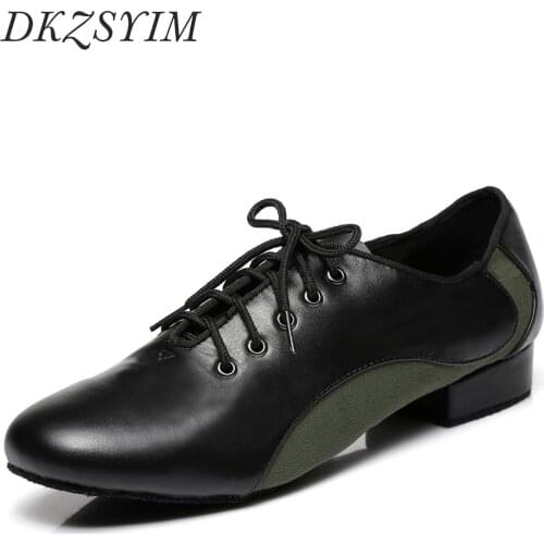 DKZSYIM Leather Latin Dance Shoes For Boys Soft Soles Ballroom Lace-UP Modern Dance Shoes Mens Dance Shoes Heels 2.5CM Wholesale