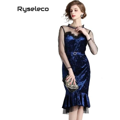Elegant Dresses Women Autumn Chic See Trough Mesh Lace Patchwork Velvet Ruffles Irregular Mermaid Fish Tail Casual Party Trumpet