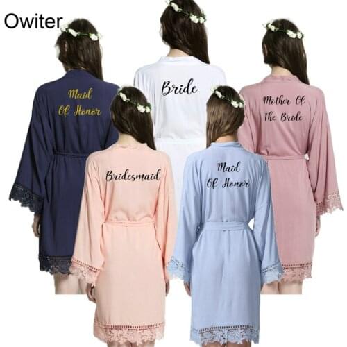 Owiter 2019 Cotton Kimono Robes w/ Lace Trim Womens Wedding Bridal Maid of Honor Bridesmaid Bride Mother Sister Short Belt Robe