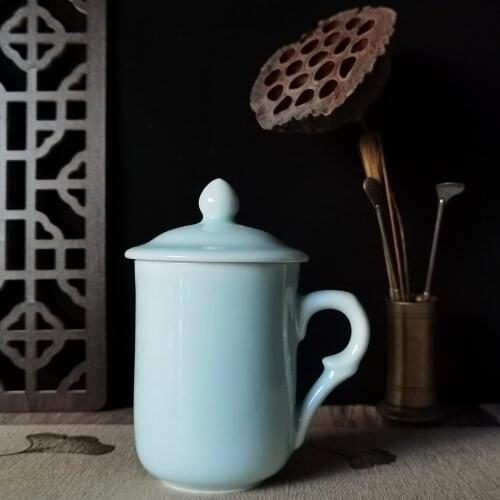 Coffee Mug Teacups with Lid 10oz Porcelain Brief Cup Ceramic Tableware Chinese Celadons Drinkware Microwave and Dishwasher Safe