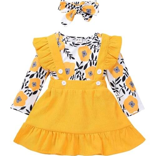Infant Newborn Baby Girl’s Skirt Three Piece Suit Fashion Flower Long Sleeve Jumpsuit Solid Color Suspender Skirt and Headband