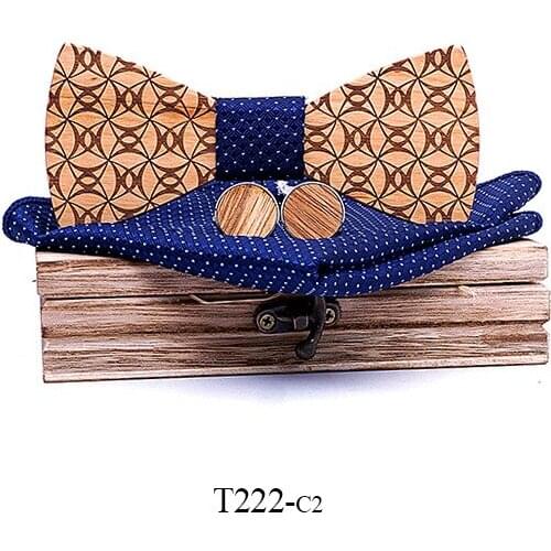 Linbaiway Wooden Bow Tie Handkerchief Cufflinks Box Set for Mens Handmade Wood Bowtie Neck Ties for Wedding Suits Cravat