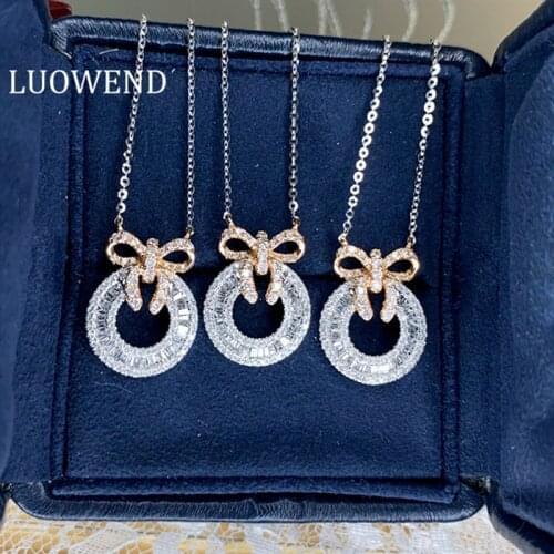 LUOWEND 18K Solid White Gold Pendant Necklace Real Natural Diamond Women Engagement Necklace Birthday Gift bow-knot Design