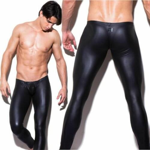 Fashion Mens Black Faux Leather Pants Skinny Long Trousers Sexy Muscle Tights Slim Fit PU Leather Trousers Clubwear Dancewear