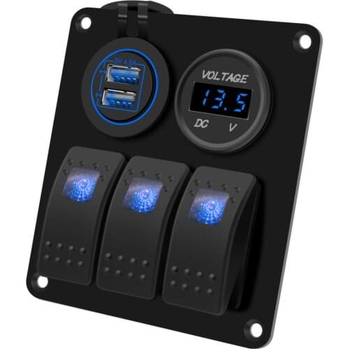 Rocker 3 Gang Switch Panel with 12V-24V Voltmeter 4.8A Dual USB Charger Blue