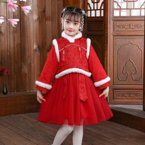 Autumn And Winter Girls' Hanfu Dress Tang Costume Princess Group Red New Years Dress Performance Costume Birthday Party Dress