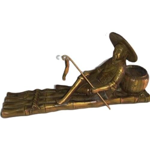 Details about Old Chinese bronze brass Hand Carved Fisherman & His Bamboo Raft fish old man Statue sculpture good luck art 674g