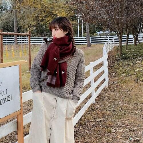 Christmas gift cute fawn imitation cashmere scarf female winter warm skin students two-use neck solid color embroidery