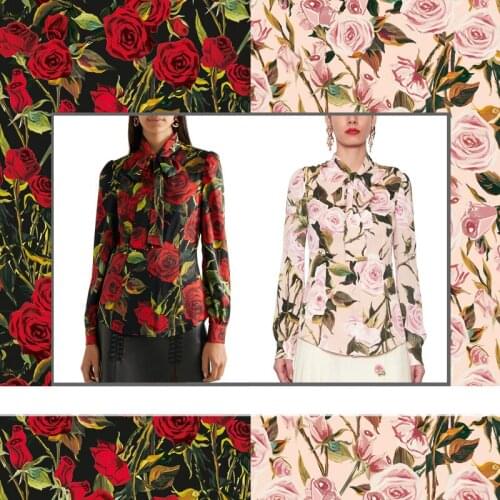 Rose printed polyester stretch satin fabric 148cm width sewing summer fashion ladies shirt pajamas fabric for dress material