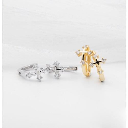 WTLTC New Fashion CZ Crystal Cross Hoop Earrings Simple Small Tiny Ear Huggies Earrings 925 Sterling Sliver Earrings For Women