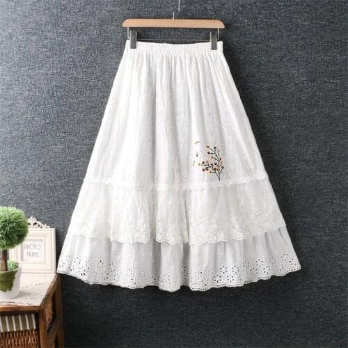Mori Girl Fairy Skirt Cute Embroidery Lace Hollow out Embroidered A-line Skirt Women Summer