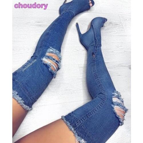 2017 Hottest Women Sexy Over-the-knee Long Boots Peep Toe Blue Denim Retro Ripped Cut-out Thigh High Boots Stiletto Heels Boots