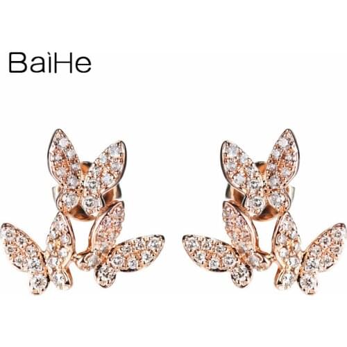 BAIHE Solid 14K Rose Gold H/SI 0.28ct Natural Diamond Earrings Wedding Trendy Fine Jewelry butterfly Stud Earrings For Women