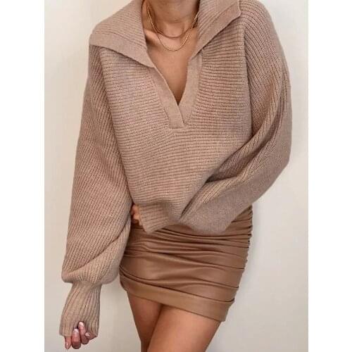 Women Elegant V-neck Sleeve Knitted Oversized Sweater Winter Long Sleeve Warm Cropped Pullover Female Jumper Fashion Ladies Tops