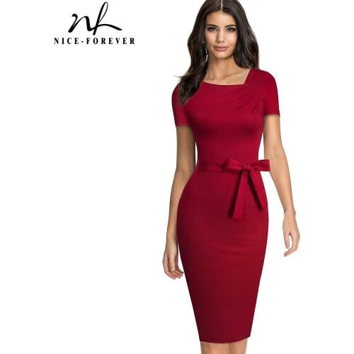 Nice-Forever Summer Women Elegant Solid Color Vintage Office Dresses Business Fitted Bodycon Dress B617