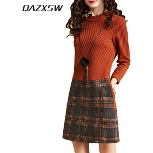 QAZXSW 2018 New Spring Knitted Dress Women Harajuku Patchwork Plaid Dress With Pocket O-Neck Casual Render Dresses Vestido HB625