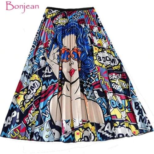 Winter Womens Pleated skirt New Cartoon Print High Waist Long Skirts Women Young Girl Summer Large Size Japan Female Falda