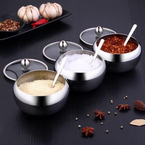 Spices Bottle Storage Box Seasoning Pot With Scoop And Lid Big Capacity Seasoning Case Stainless Steel Silver Kitchen Tool 1pcs