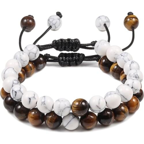 Adjustable 2pcs /set Beads Bracelet Bangles Natural Tiger Eye Stone Bracelets Men Female Jewelry Distance Bracelet Ying Yang Gif