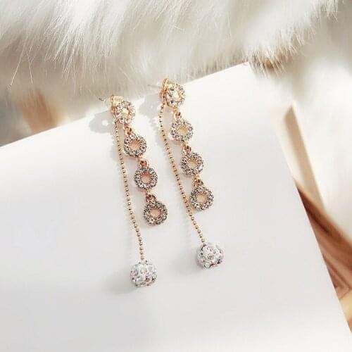 2021 Wholesale South Koreas New Rhinestone Circle Earrings Simple Personality Long Ball Earrings Bead Chain Tassel Earrings