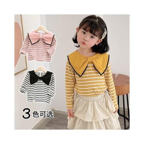 2021 Spring New Girls Long-sleeved T-shirt Girls Baby Striped Bowknot Lapel Bottoming Tee Shirt Childrens Top Baby Clothes 2-7Y