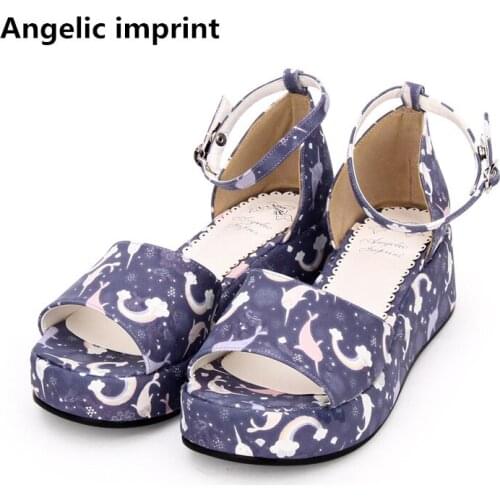 Angelic imprint woman mori girl lolita cosplay shoes lady mid heel wedges pumps women princess summer sandals 33-47 5cm peep toe