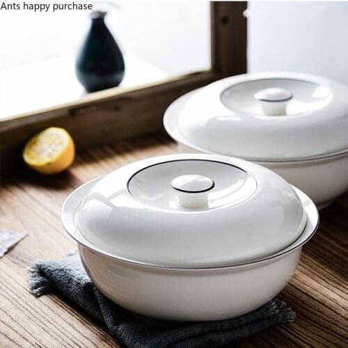 Large Soup Bowl with Lid White Ceramic Plate Round Dinner Plate Soup Pot Noodle Bowl Decorative Tableware Serving Bowls Tureens