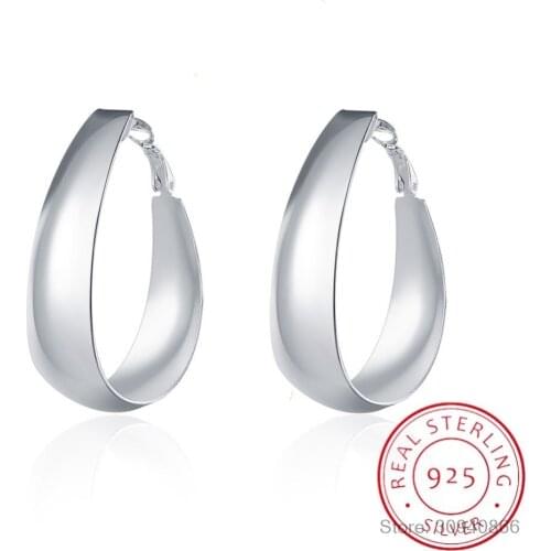 European Style Big Earrings Real 925 sterling silver Loop earrings simple style Smooth Oval hoop earrings for women Fine Jewelry