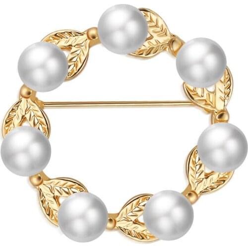 Golden Leaf 7 White Simulated Pearl Beads Flower Hollow Brooches for Women