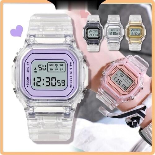 Luminous Alarm Clock Sports Waterproof Multifunctional Electronic Watch Transparent Square LED Watch for Men Women Students